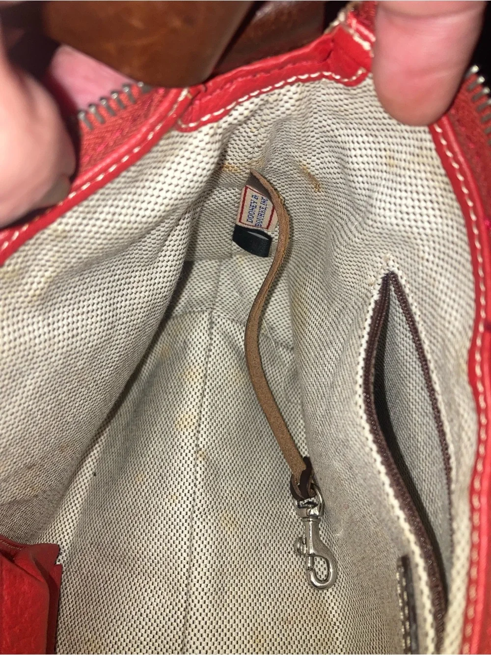 Dooney & Bourke Red Leather Shoulder Bag with Brown Trim